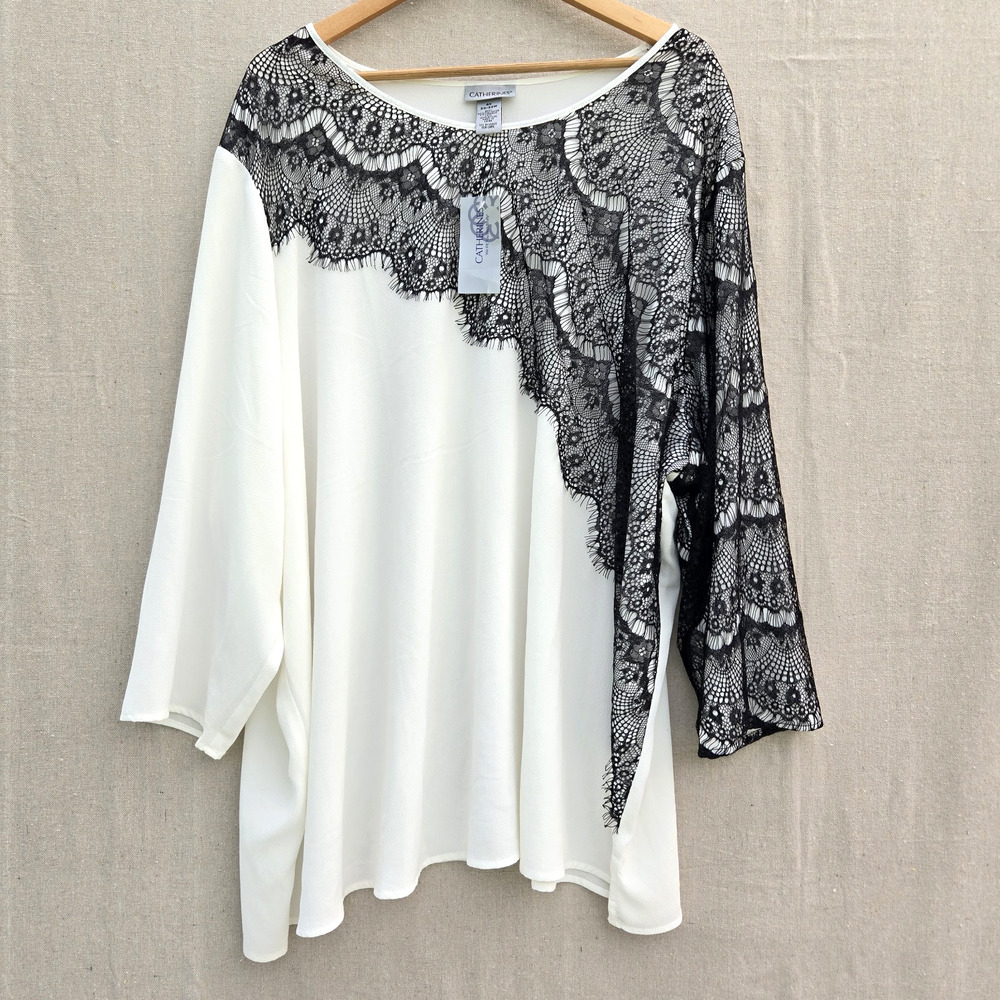 NWT Catherines 4X Top White Black Lace Overlay 3/4 Sleeve Whimsy Coquette
